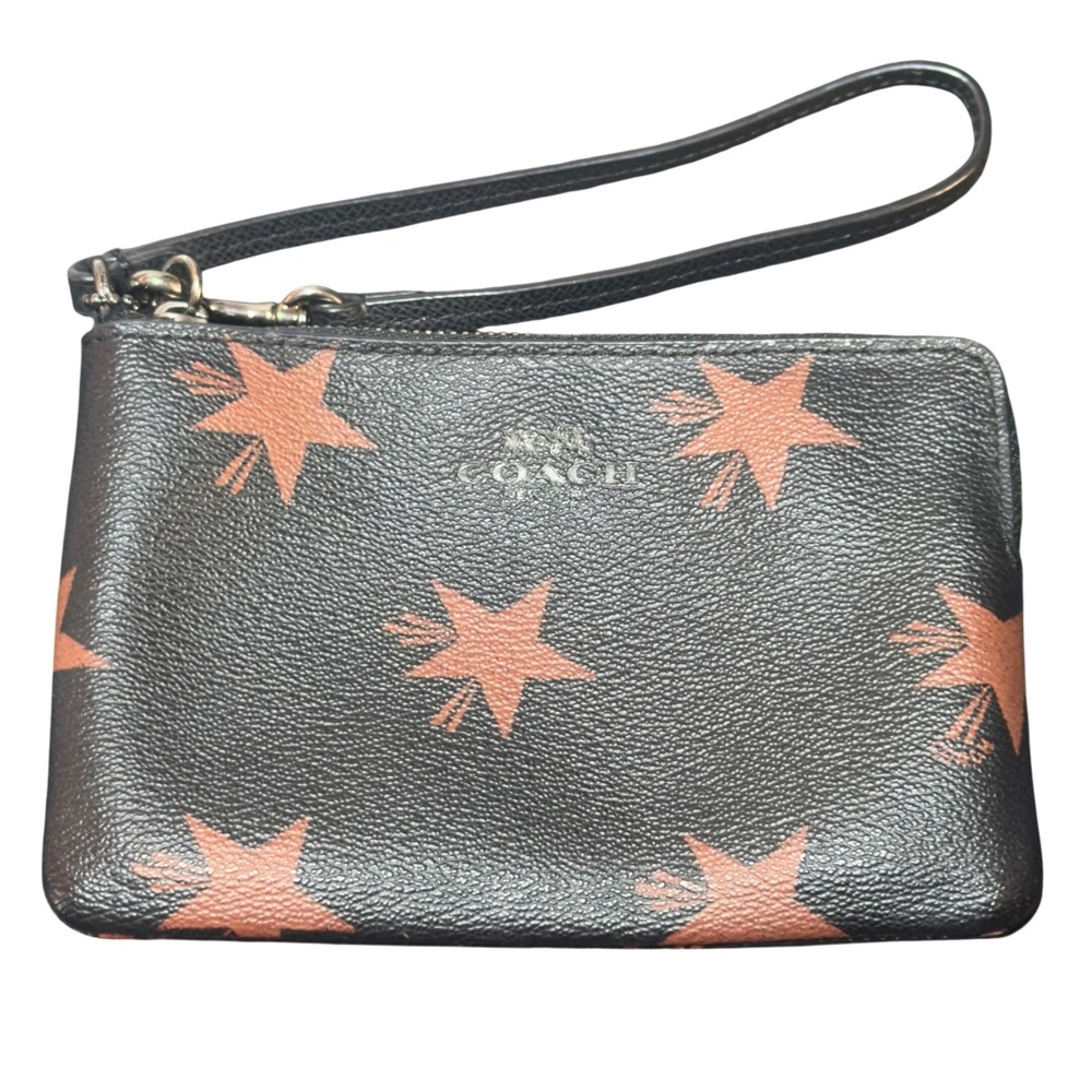Coach Wristlet Pouch Womens Black Brown Star Print Coated Canvas Zip Minimalist